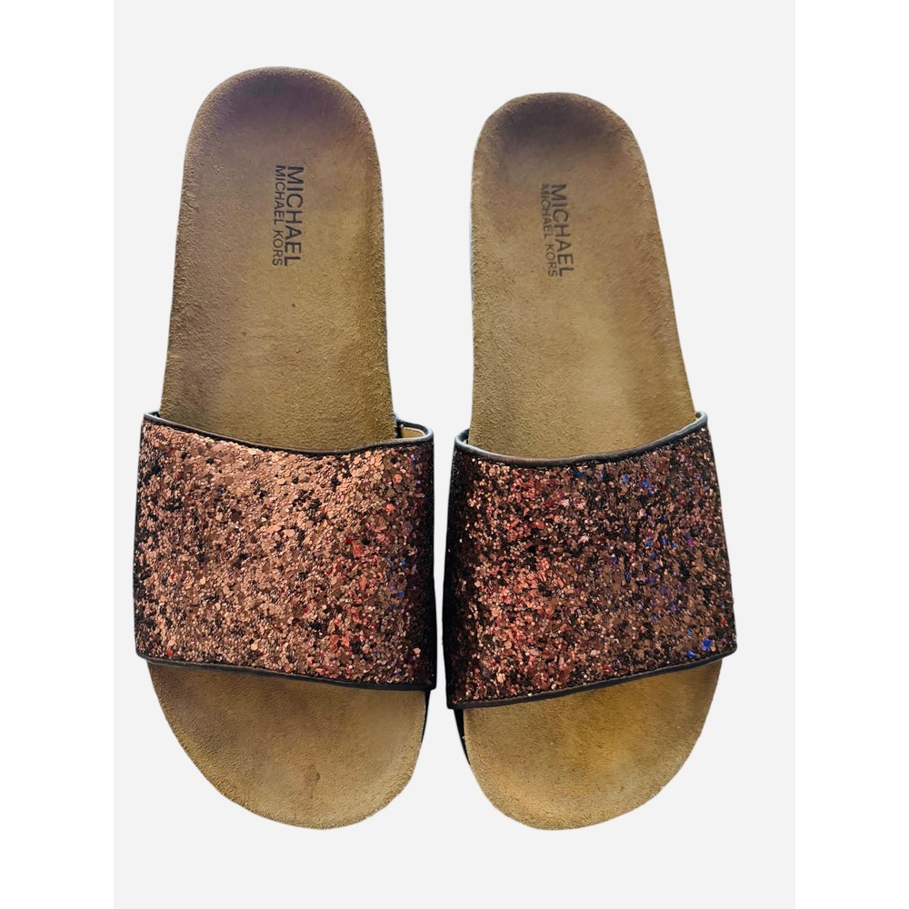 Michael Michael Kors Disco Glitter Slide Sandals‎ Chocolate Brown 10M